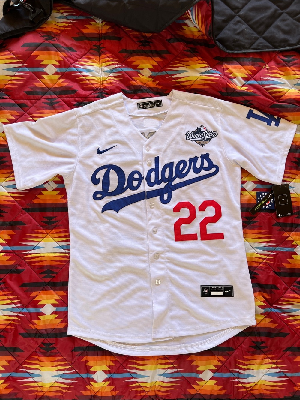 Nike Dodgers White Jersey with Blue Script and Red Number 22